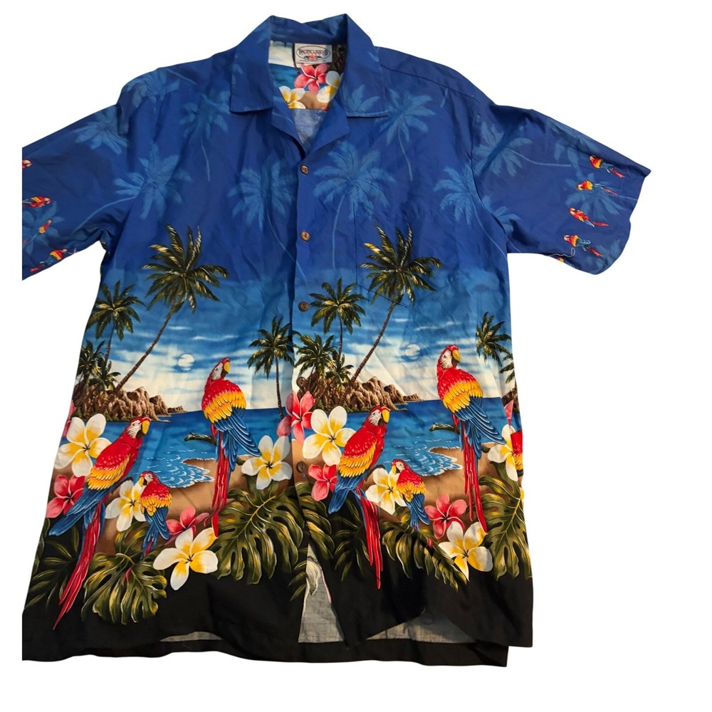 Pacific Legend Hawaiian Shirt Tropical Parrot Blue Beach Floral Print Large‎